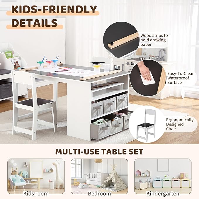 GarveeHome 4-in-1 Kids Art Table and Chair Set | Wood Toddler Activity Desk - Image 4