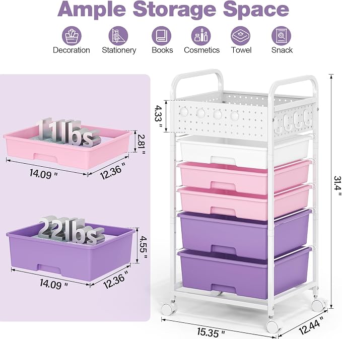 5 Drawer Rolling Storage Cart - Image 2