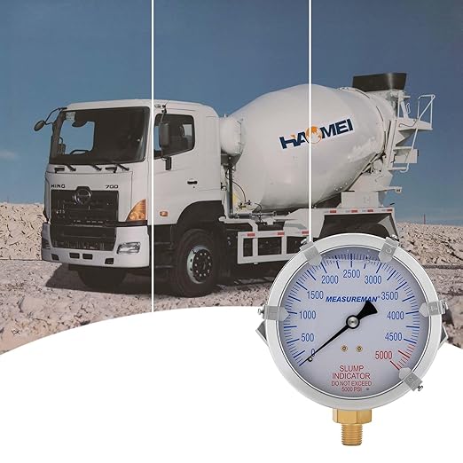 MEASUREMAN Concrete Pump Slump Indicator Gauge, 4 Inch Dial, 0-5000 PSI with 5 Adjustable Target Pointers, Glycerin Filled, 304 Stainless Steel Case, 1/4 NPT Lower Mount