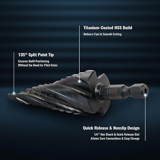 ZELCAN 12 Sizes Step Drill Bit, Four Spiral Flute Step Bit for Metal, Titanium-Coated HSS 3/16" to 7/8" Step Drill Bit with 1/4" Hex Shank for Stainless Steel Aluminum Copper Wood Plastic