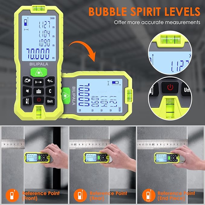 Laser Measure, 70M/229ft Digital Laser Distance Meter, ±2mm Accuracy Laser Measuring Tool, Tape Measure with Backlit LCD, Measuring Distance,Area,Volume,Pythagorean IP54 Shockproof(Green)