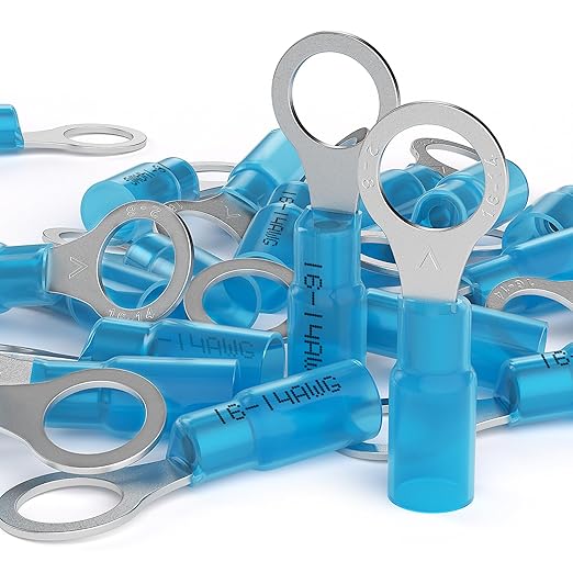 AIRIC 16-14 AWG - 5/16" Heat Shrink Ring Terminals, Copper Terminal Connector Ends, Battery Cable End Lugs, Blue Insulated Electrical Crimp Wiring Connectors, Wire Lug for 16, 14 Gauge Wires, 100 PCS