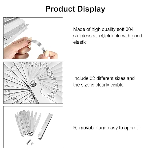 Hotop 32 Blades Steel Feeler Gauge Tapered Feeler Gauge Set Stainless Steel Dual Marked Metric and Imperial Measuring Tool for Measuring Gap Thickness or Width(0.03-1 Mm)