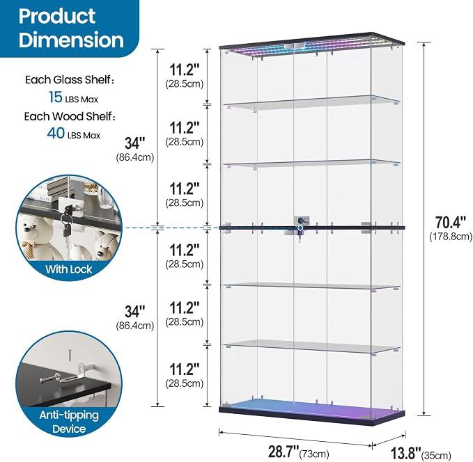 Dystler 6-Tier Glass Display Cabinet, RGB LED Lights - Image 2