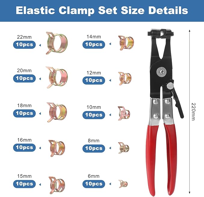 OCR 100 Pack 6-22mm 10Size Fuel line Spring Clamp Silicone Vacuum Hose Pipe Clamp Steel Wire Tube Pipe Clip With a Hose Clamp Pliers