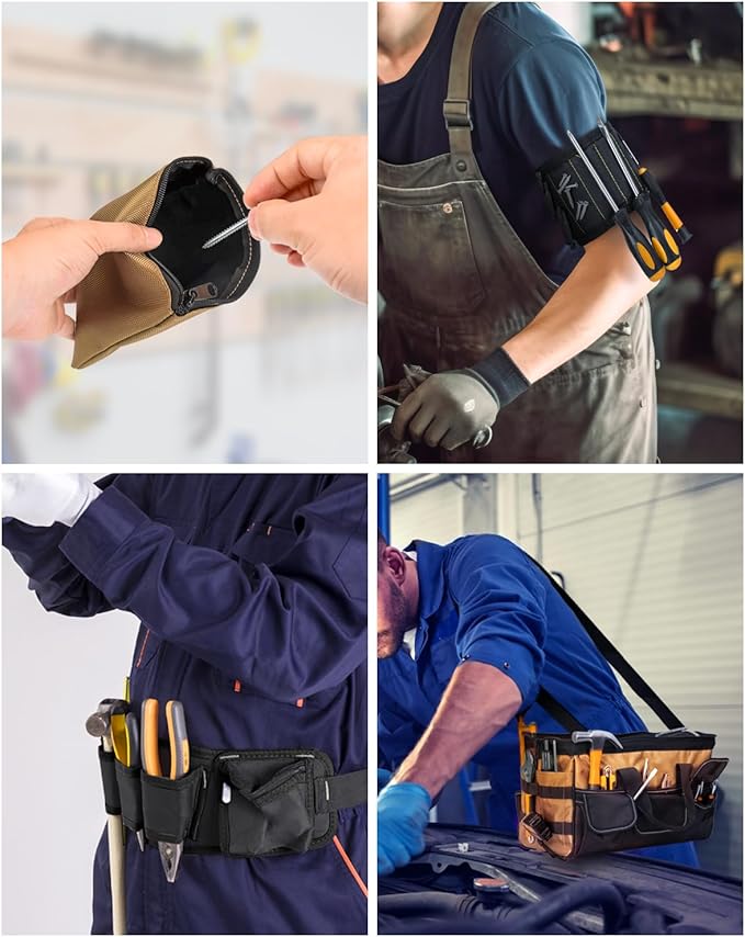 18 Inch Heavy Duty Tool Bag-48 Pockets,1680D Tear&Abrasion Resistant,Includes Tool Pouch,Tool Belt,Magnetic Wristband&Adjustable Shoulder Strap | Tool Organizer(Brown)