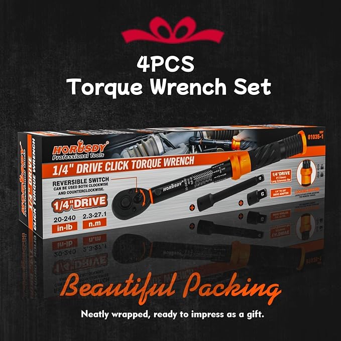 HORUSDY 1/4" Torque Wrench 4PCS Set, 20-240 in-lb Click Torque Wrench with 3" Extension Bar & 1/4" to 3/8" Adapter, Cr-V Inch Pound Torque Wrenches for Bike, Motorcycle & Small Engine Repair