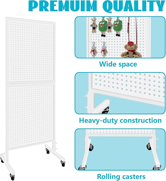 Royxen Metal Pegboard 2 x 5 Feet with 30 Hooks, Peg Board Display Stand with Wheels, Standing Pegboard Display, White