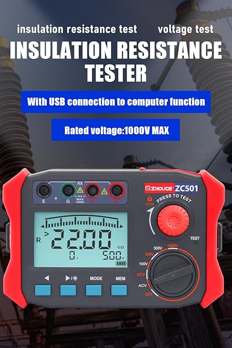 Digital Insulation Resistance Tester 100V-1000V /0.06MΩ-50.00GΩ Megohm Tester Auto Ranging 2000 Counts 2V~750V AC/DC Voltmeter with 500 Data Storage LCD Display(ZC-501)
