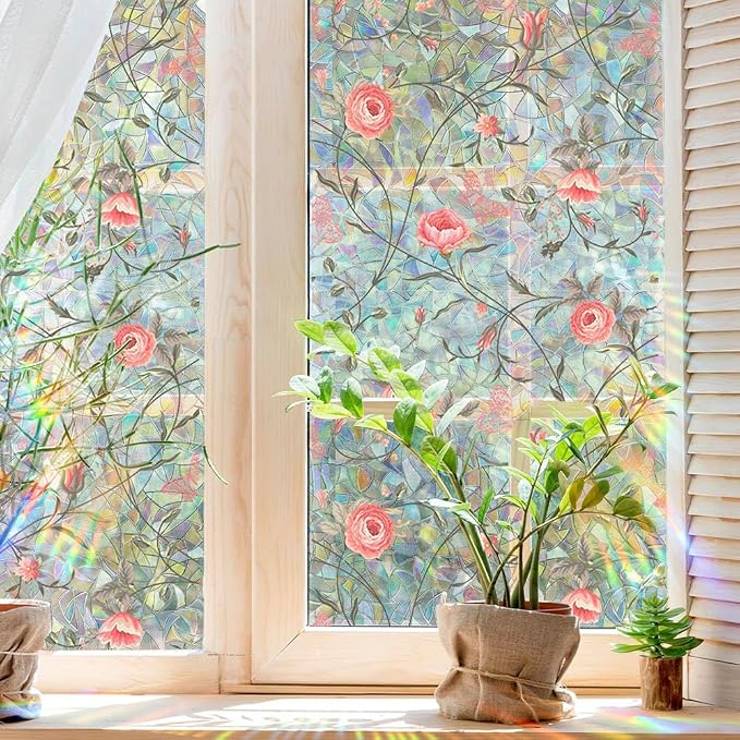 Retro Rose Window Privacy Film, Stained Glass Decals Red Rose Privacy Rainbow - Image 4