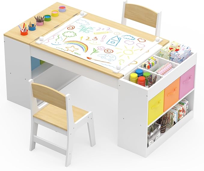 Kids Art Table and 2 Chairs Set, Wooden Craft Desk - Image 3