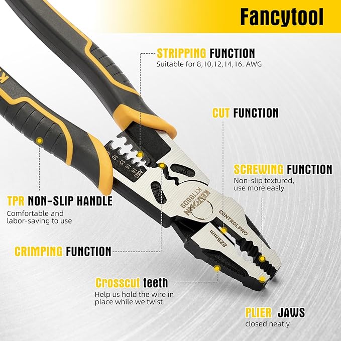 Combination Pliers Wire Stripper Crimper Cutter Linesman Tool, 9" 6-in-1 Heavy Duty Cr-V Steel Pliers for Gripping, Stripping, Crimping, Electrical Work