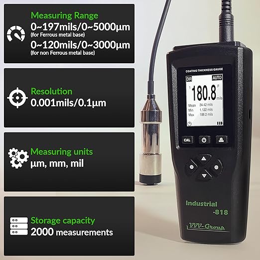 Digital Professional Coating Thickness Gauge Industrial-818 Paint Meter for Fe/NFe with Measuring Range: 0-197 mils | Resolution 0,001 mils | PC Connection