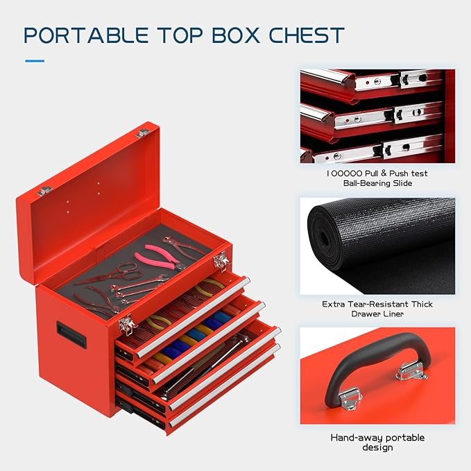 5-Drawers Red Tool Chest, 2-in-1 Mechanic Rolling Tool Box Removable Lockable Tool Storage Cabinet, Metal Tool Cart with Drawers and Wheels for Garage, Workshop