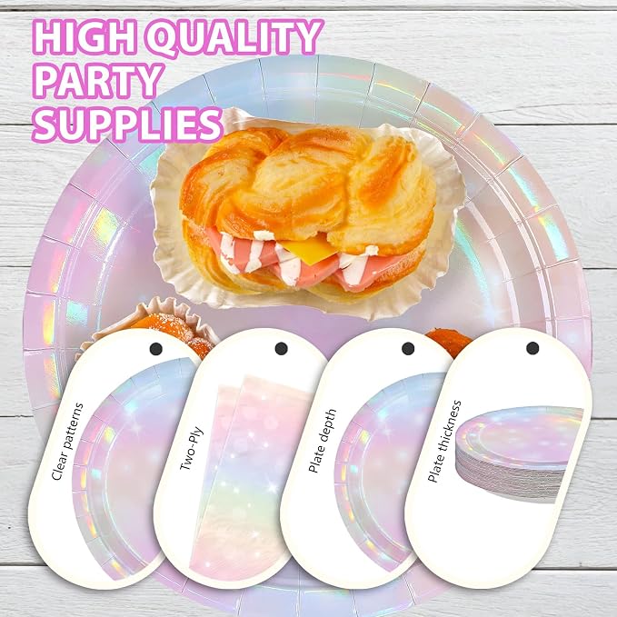 168Pcs Pink Pastel Rainbow Party Decorations Pink Iridescent Plates and Napkins - Image 4
