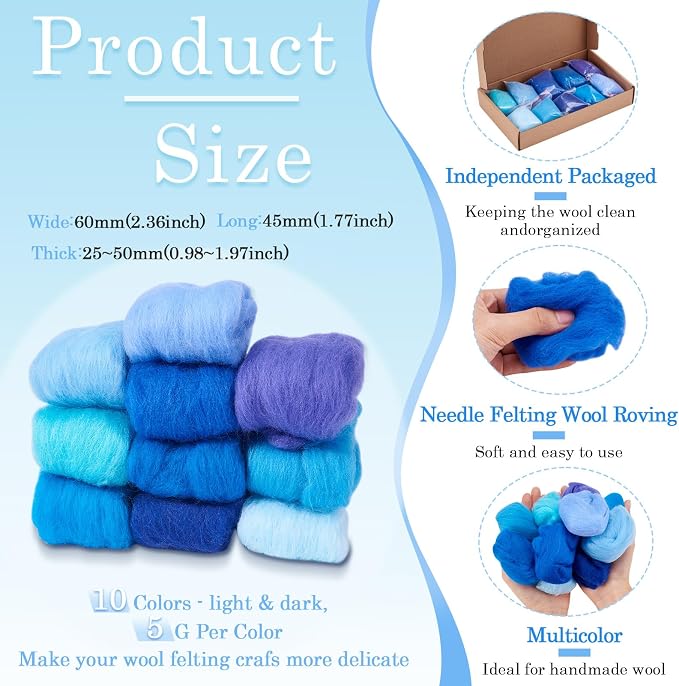 Boutigem 10 Colors Blue Needle Felting Wool 50g, 1.76oz Blue Wool Roving - Image 3