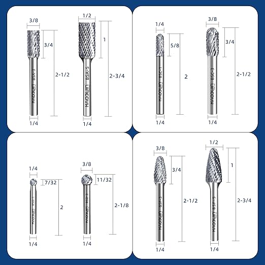 Carbide Burr Set 1/4 Shank 8pcs Tungsten Carbide Rotary Files Kit with Storage Case Die Grinder Bits for Metal Engraving, Wood Carving & Deburring Tools