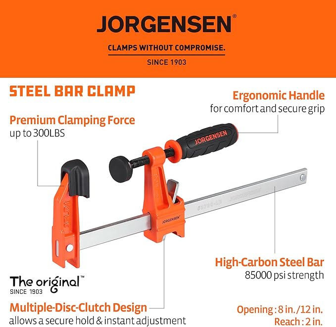 Jorgensen 2-Piece Steel Bar Clamp Set, Light Duty F-Clamp, 8-inch & 12-inch