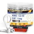 haisstronica Non Insulated Wire Connectors Kit，50pcs 3/8” Ring Terminals (AWG12-10) with 50pcs 3:1 Heat Shrink Tubing for Automotive Marine，Brazed Seam Wire Crimp terminals
