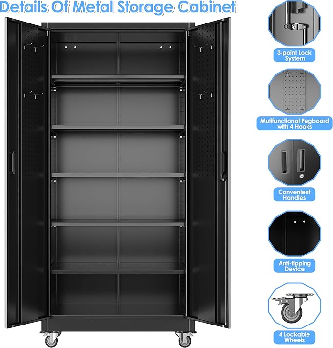 Aobabo Upgrade 71H''*34''W*18''D Metal Garage Storage Cabinet with Wheels and Pegboards, 5 Adjustable Shelves Steel Storage Cabinets for Home,Warehouse,Garage,Assembly Required,Black