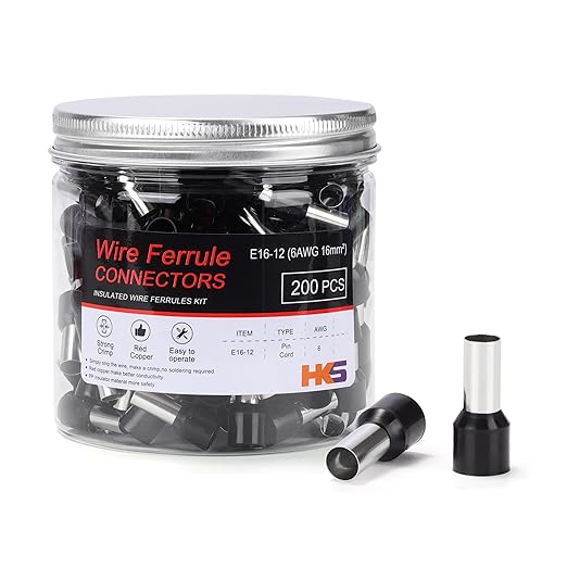 HKS 200PCS Wire Ferrule Connectors - AWG 6-16.0mm² Copper Barrel Pin Cord Ends Insulated Ferrules Terminals - E16-12 Black