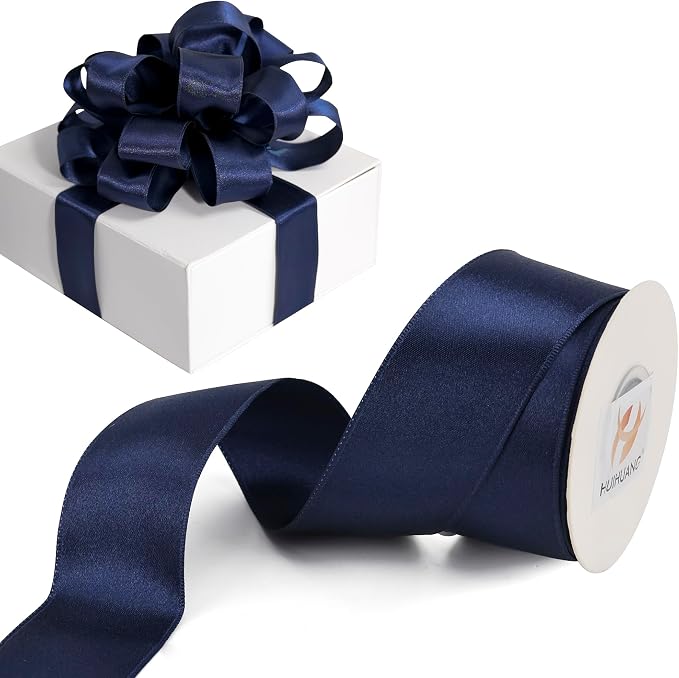 HUIHUANG Navy Blue Satin Wired Ribbon 1-1/2 inch Navy Double-Faced Satin Wire by HUIHUANG