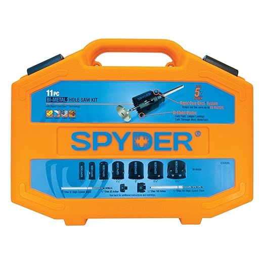 Spyder 11-Piece Bi-Metal Hole Saw Kit, 7 Hole Saws, Hex8 and Hex10 HSS Pilot Bits, and Hex8 and Hex10 Arbors, Rapid Core Eject Arbor System