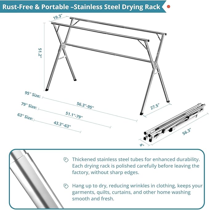 JAUREE 63 Inches Clothes Drying Rack, Drying Rack Clothing Folding Indoor Outdoor, Heavy Duty Stainless Steel Laundry Rack, Foldable Portable Large Clothes Rack Garment Rack with 20 Windproof Hooks