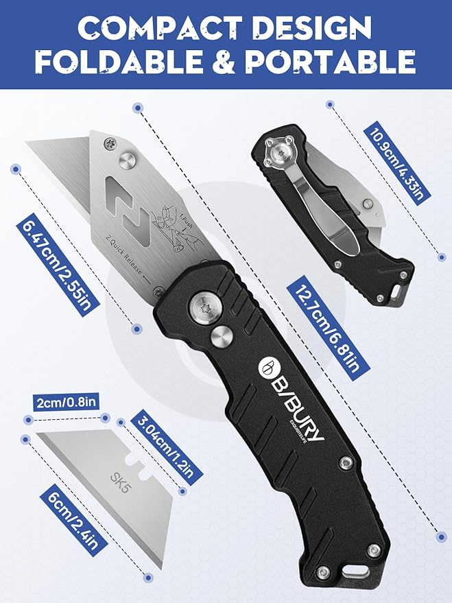 Utility Knife, BIBURY Upgraded Version Heavy Duty Box Cutter, Pocket Carpet knife with 10 Replaceable SK5 Stainless Steel Blades, Belt Clip, Easy Release Button, Quick Change and Safety Lock