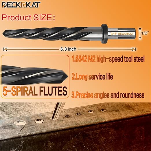 9/16" Reamer Drill Bit for Metal, M2 HSS Taper Reamer for Steel, Alloy, Wood, Plastic to Align, Enlarge Holes – 5-Spiral Flutes, 1/2" Non-Slip Shank, 14mm Car Reamer, Bridge Construction Reamer.
