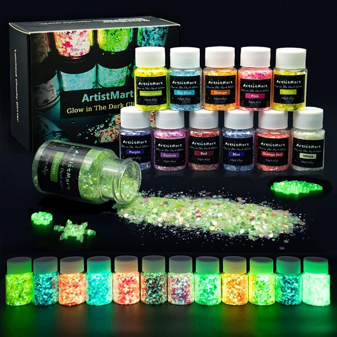 Glow in the Dark Glitter, 12 Colors Chunky Glitter by ArtistMart