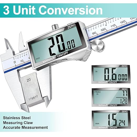 Kynup Digital Caliper, Caliper Measuring Tool with Large LCD Screen, Micrometer Caliper, Stainless Steel, Screen Splash Proof, Easy Switch from Inch Metric Fraction (6 Inch)