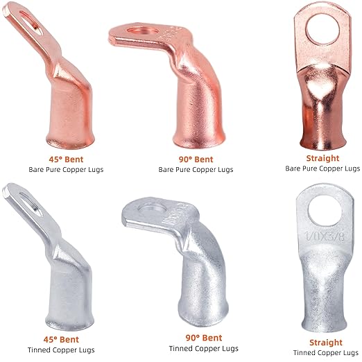 Tinned Copper Cable Lugs 8pcs 4/0 AWG-3/8 90 Degree Bent Battery Lugs,Heavy Duty Wire Lugs,Ring Terminal,4/0 Guage terminals,Battery Cable Ends/Terminal Connectors with 8pcs 3:1 Heat Shrink Tubing