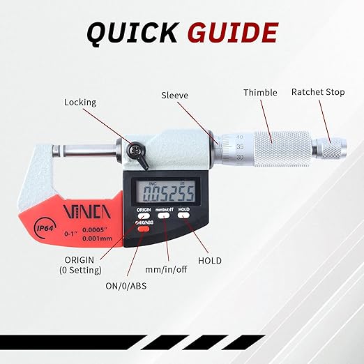 VINCA Absolute IP64 Origin Digital Micrometer, DMCA-0105 0-1"/0-25mm, 0.00005" /0.001mm Resolution, Hold Function, Carbide Tip