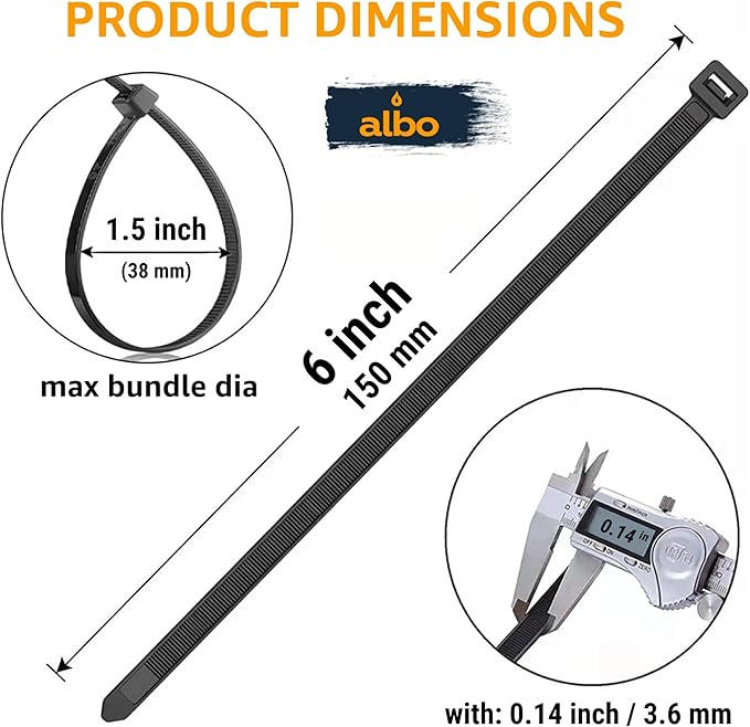 ALBO Zip Ties Black 6 Inch 1000 Pack 40 lb, Long Plastic Cable Ties Thick 0.14 Inch Tie Wraps Heavy Duty UV Resistant Nylon Wire Ties for Indoor and Outdoor