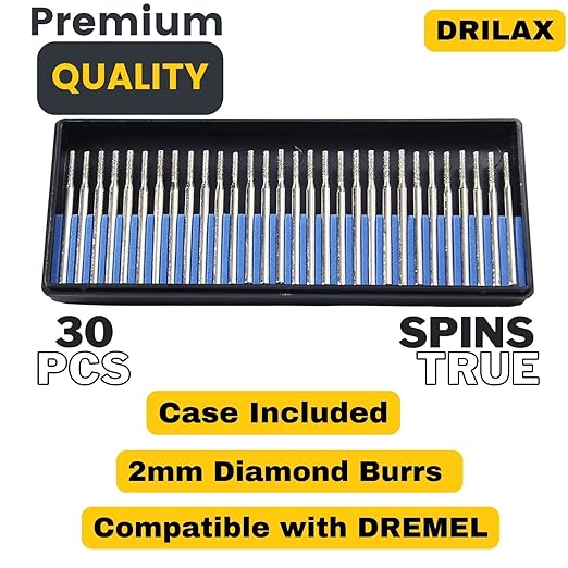 Drilax 30‑Piece 2mm Diamond Drill Bit Set – 1/8″ Shank Compatible with Dremel Tools for Glass, Sea Glass, Stone & Jewelry