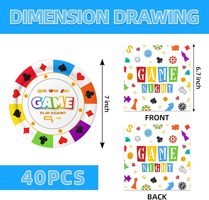 Game Night Decorations Birthday Party Decor 40Pcs Disposable Play Games Plates - Image 2