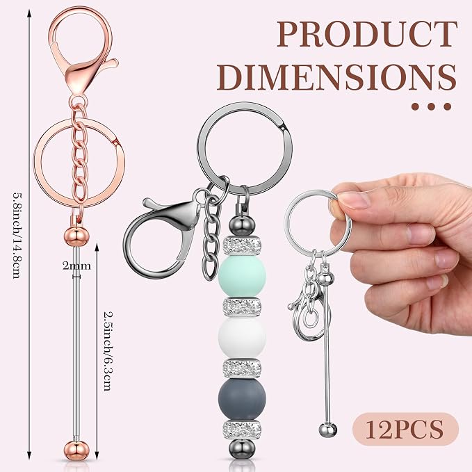 Tondiamo 12 Pcs Beadable Keychains Bars Bulk Blank Beaded Metal Keychain - Image 2