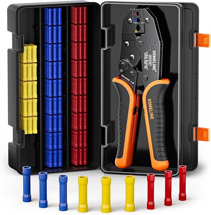 SOMELINE Crimping Tool for Insulated Electrical Wire Connectors, with 22-10 AWG Insulated Butt Connectors and Ratchet Crimping Pliers – for Automotive & Electrical Repairs