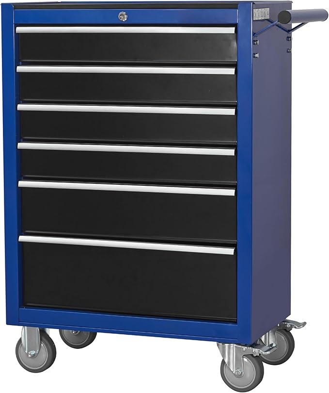6-Drawer Rolling Tool Chest Cabinet, Large Capacity Metal Tool Box with Wheels and Keyed Locking, Roll Around Storage Organizer Tool Cart for Garage, Warehouse, Work Shop (Blue)