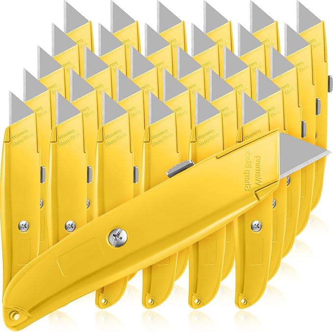Reginary 30 Pcs Box Cutter Bulk Retractable Blade Utility Knife Heavy Duty Aluminum Alloy Razor Shell Knife for Cartons, Cardboard and Boxes, DIY, Factory, Home(Yellow)