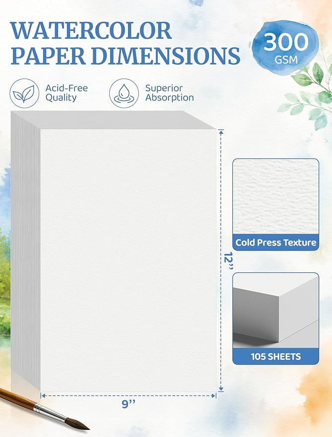 105 Sheets Watercolor Paper 9x12, Cold Press Watercolor Paper Bulk, 140 LB/300 - Image 2