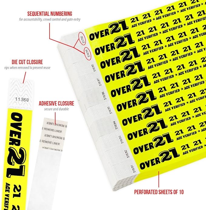 500 WristCo Over 21 Neon Yellow Tyvek Wristbands for Events - ¾” x 10” - Waterproof Recyclable Comfortable Tear Resistant Paper Bracelets Wrist Bands for Concerts Festivals Admission Party