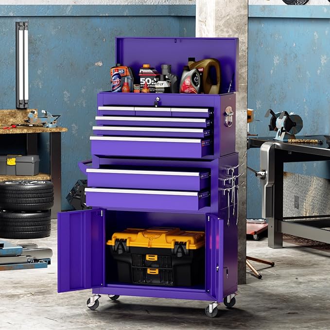 Crownland 8-Drawer Rolling Tool Chest with Wheels, Lockable 2 in 1 Detachable Tool Cabinet wit Drawers and Black Liners, Garage Top Toolbox & Bottom Storage Cart with Side Hooks(Purple)