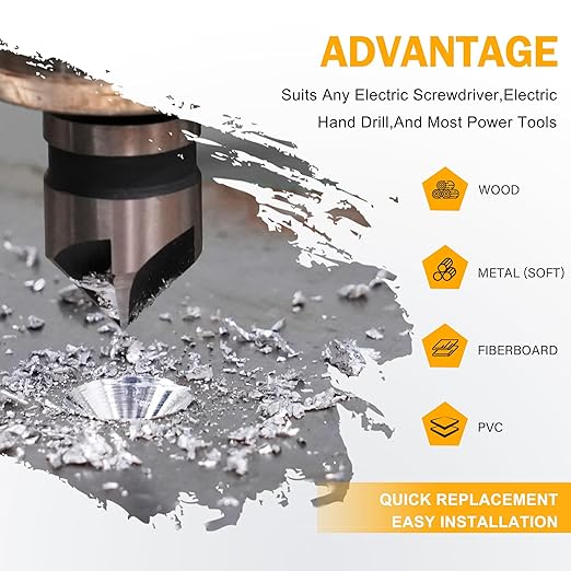 5 Pcs Countersink Drill Bit Set, 82 Degree 5 Flute High-Speed Steel Countersink Drill Bit with 1/4” Hex Shank, 1/4" to 3/4" Size for Machinable Metals, Wood, Carbon Steel, in Aluminum Case