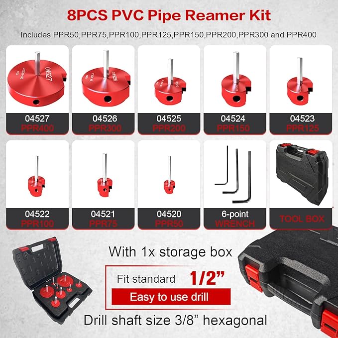 8Pcs Pvc Pipe Reamer Kit,Pipe Fitting Tools Contains 1/2", 3/4",1",1-1/4",1-1/2",2",3",4" Aluminum Head with a Extender,Fit into Standard 1/2" Drill,PVC Fitting Saver for PVC,CPVC,PPR or ABS,Red