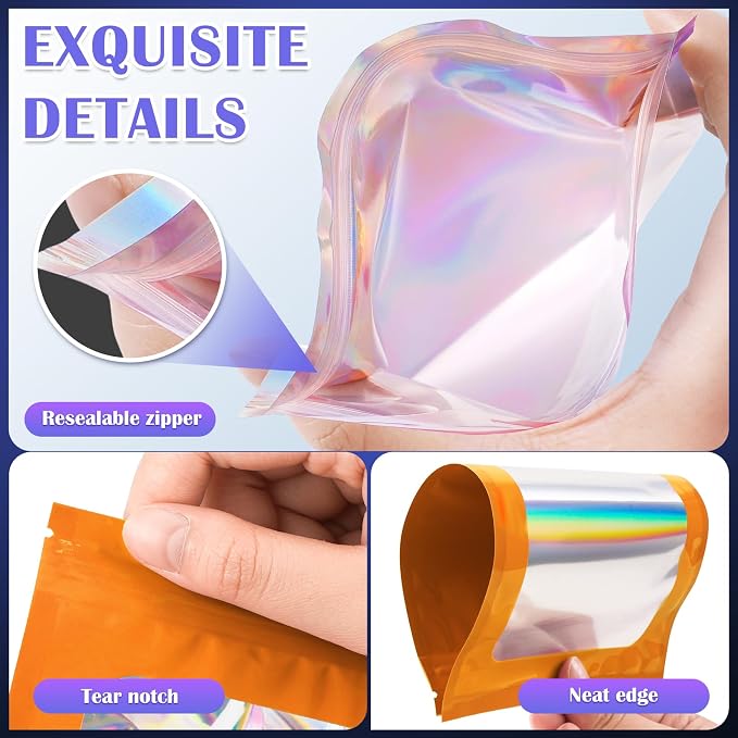 JETMORE 300 Pcs Mylar Bags, Smell Proof Bags Foil Pouch, Holographic Resealable - Image 5