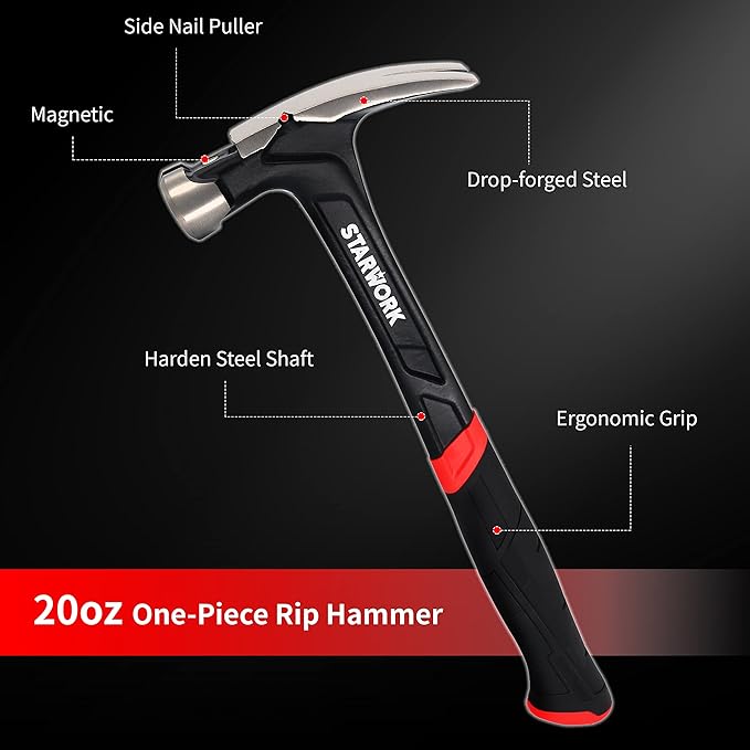 20 oz Hammer with Comfort Grip, Nailing Hammer Steel Head Steel Handle, AntiVibe, Rip Claw