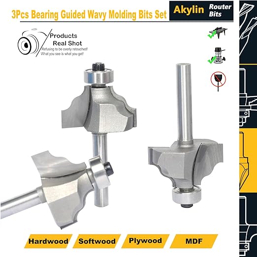 3Pcs Wavy Edge Molding Router Bits,1/4" Shank,3/4" Cutting Height ,3/8" Cutting Depth for Wood Table Edging,Picture Frames Profiling,Furniture Moulds Projects with Bearing Guided(3 Units/Pack)