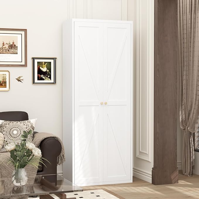GREATMEET 71" Metal Tall Pantry Storage Cabinet, Food Pantry Cabinet, White Cupboard with Anti-Tipping Kit for Kitchen Tools Storage for Dining Room, Living Room Garage and Bathroom